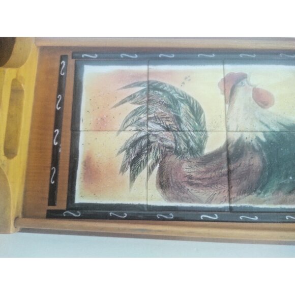 Vintage Handled Wooden Tray with Ceramic Tile Inlaid Rooster Artist Signed - Picture 8 of 13